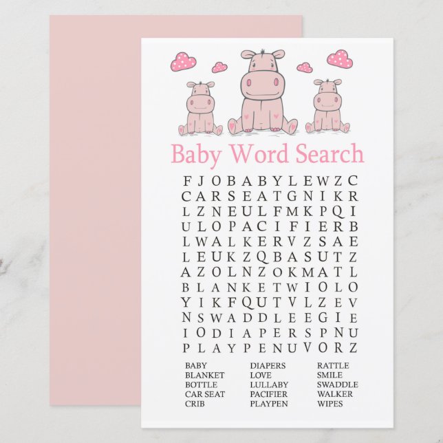 Pink Hippo Baby Shower Word Search Game (Front/Back)