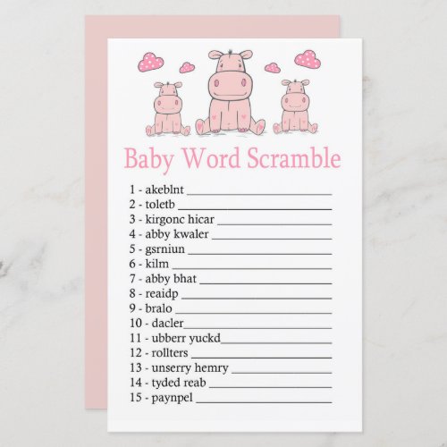Pink Hippo Baby word scramble game