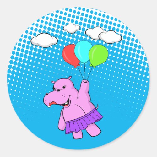 Pink Hippo Flying With Balloons Classic Round Sticker