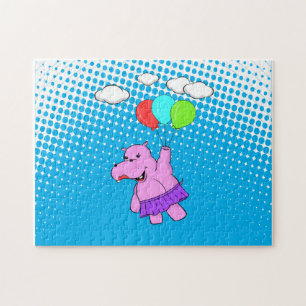 Pink Hippo Flying With Balloons Cute Baby Animal Jigsaw Puzzle