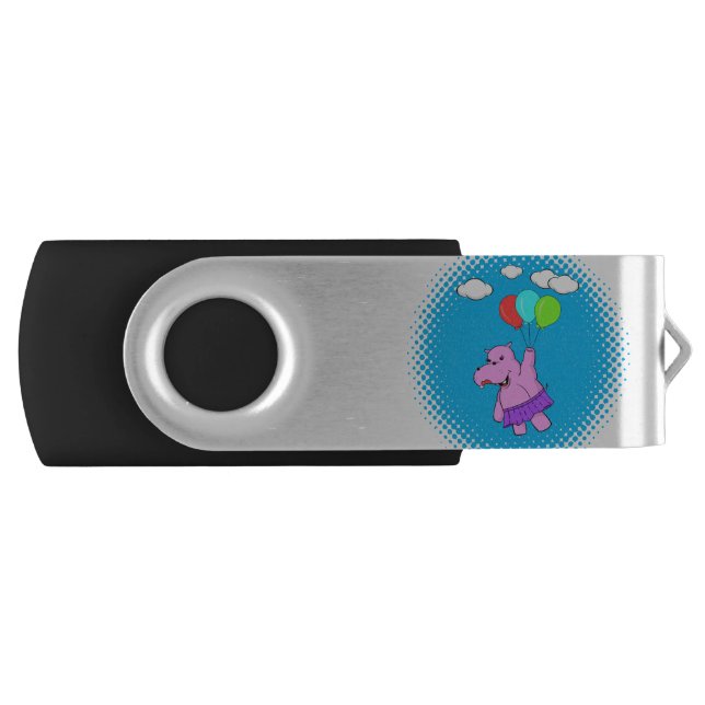 Pink Hippo Flying With Balloons Flash Drive (Front)