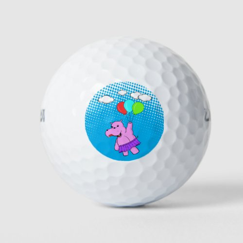 Pink Hippo Flying With Balloons Golf Balls