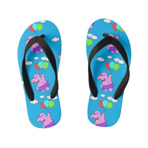 Pink Hippo Flying With Balloons In Blue Sky Kids Flip Flops