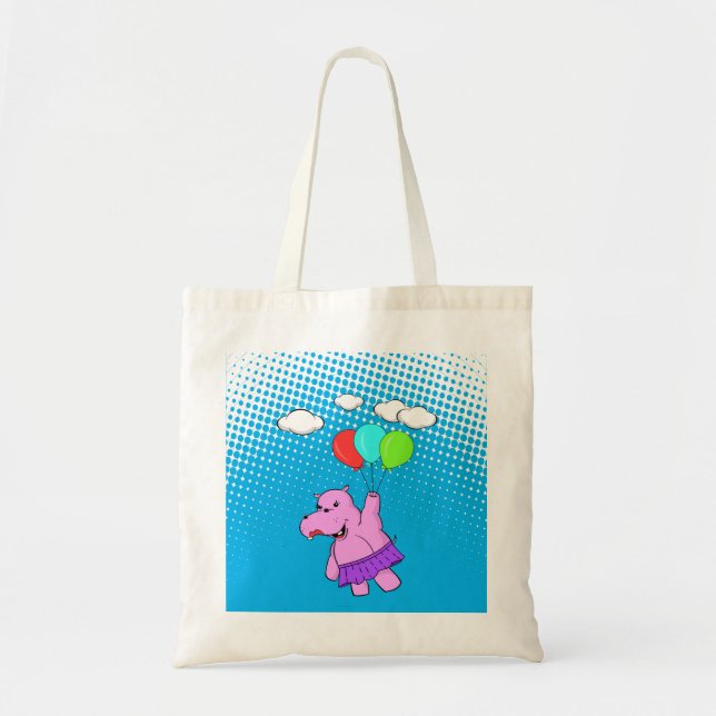 Pink Hippo Flying With Balloons In Blue Sky Tote Bag (Front)