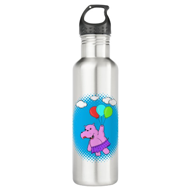 Pink Hippo Flying With Balloons Stainless Steel Water Bottle (Front)
