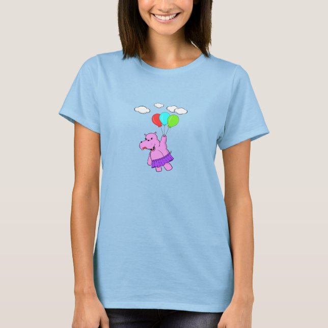 Pink Hippo Flying With Balloons T-Shirt (Front)
