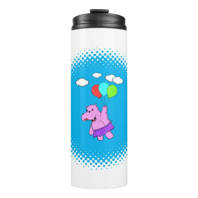 Pink Hippo Flying With Balloons Thermal Tumbler (Front)