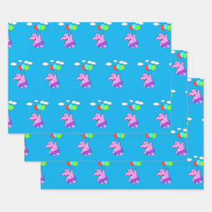 Pink Hippo Flying With Balloons Wrapping Paper Sheets