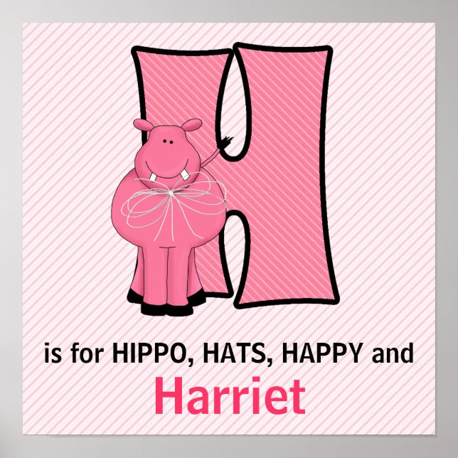 Pink Hippo Monogrammed Letter H Baby Room Poster (Front)