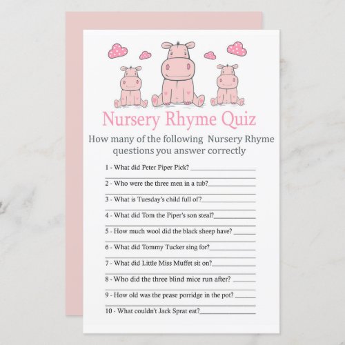 Pink Hippo Nursery Rhyme Quiz baby shower game