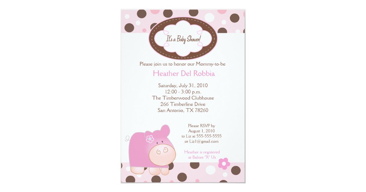 Pink Hippo Trendy Dot Baby Shower Invitation 5x7 Zazzle Com