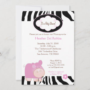 Pink Hippo Zebra Stripe Baby Shower Invitation 5x7
