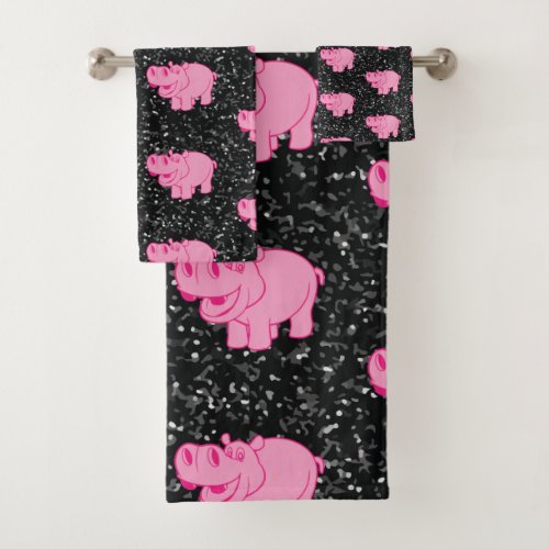 Pink Hippos Cute Hippopotamus Smiling Face Bath Towel Set