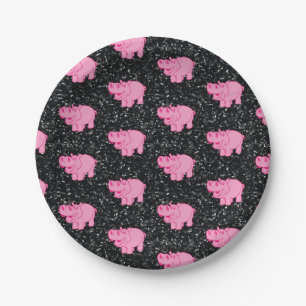 Pink Hippos Cute Hippopotamus Smiling Face Paper Plates