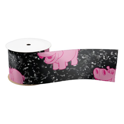 Pink Hippos Cute Hippopotamus Smiling Face Satin Ribbon