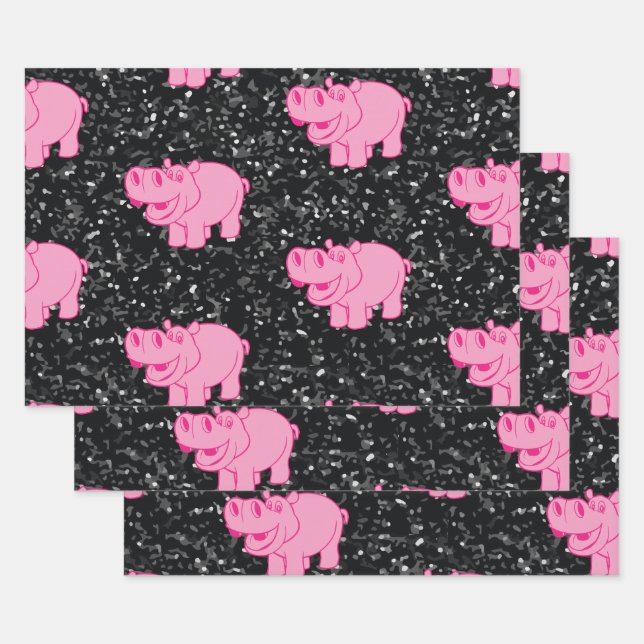 Pink Hippos Cute Hippopotamus Smiling Face Wrapping Paper Sheets (Set)