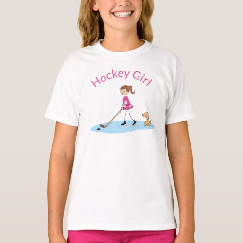 Pink Hockey Girl Cartoon T_Shirt