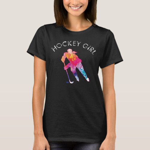 Pink Hockey Girl Player Watercolor Dark T_Shirt