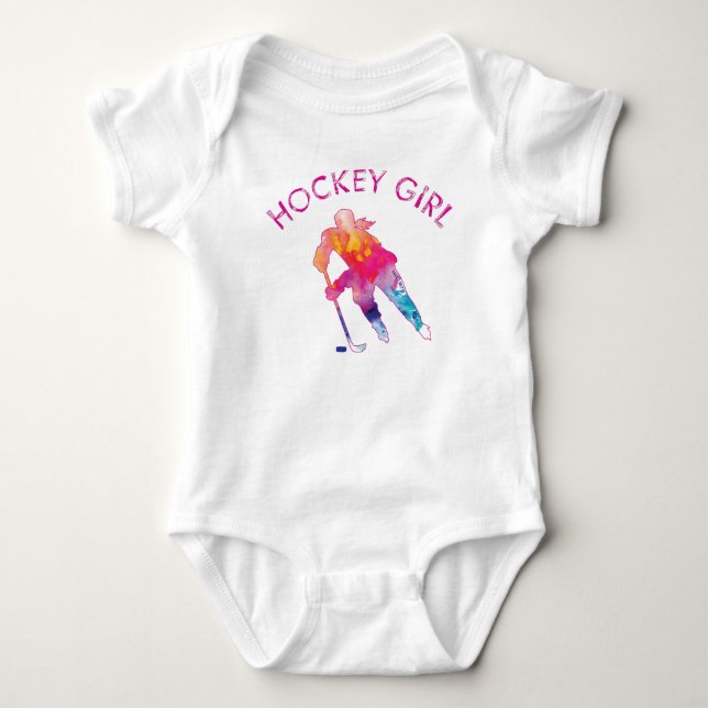 Pink Hockey Girl Watercolor Baby Bodysuit (Front)