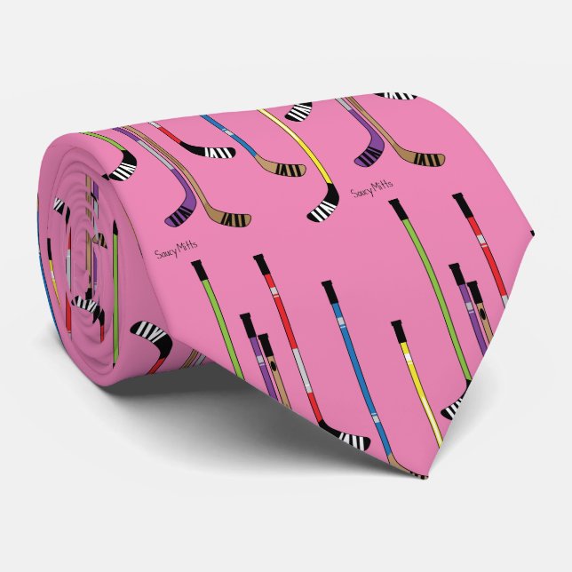 Pink Hockey Sticks puck Neck Tie (Rolled)