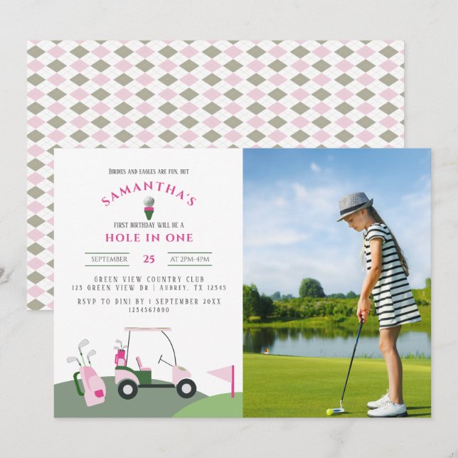 Pink Hole in One Golf 1st Birthday Par-tee Photo Invitation (Front/Back)