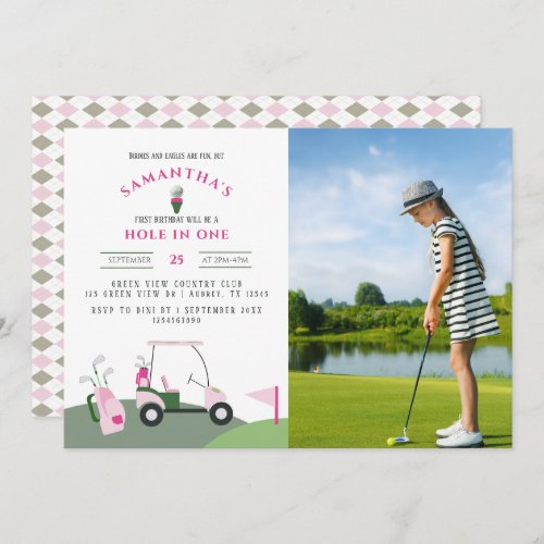 Pink Hole in One Golf 1st Birthday Par_tee Photo Invitation