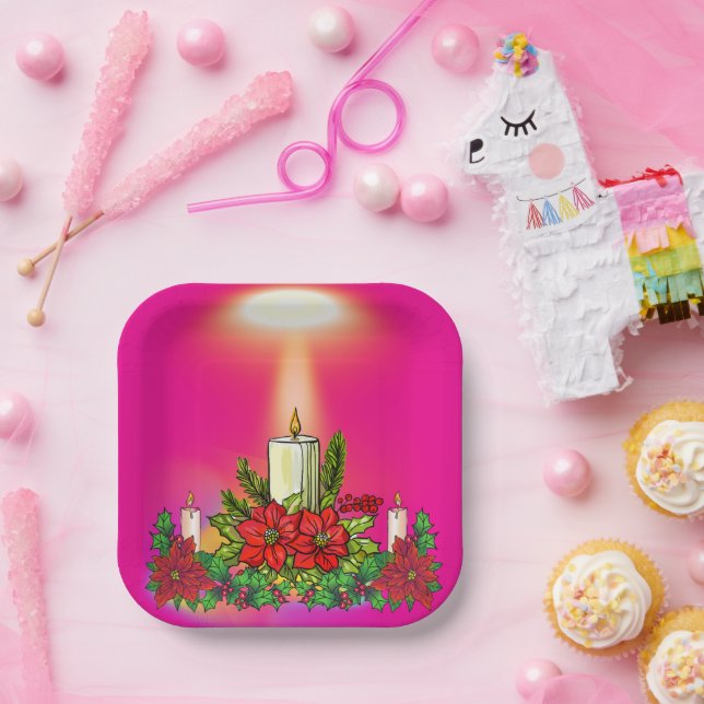 Pink Holiday Candle Paper Plate (Party)