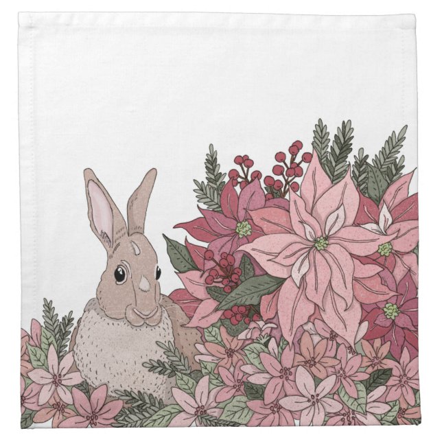 Pink Holiday Flowers and Rabbit Cloth Napkin (Front)