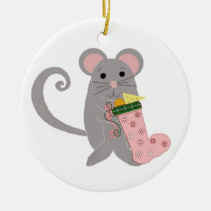 Pink Holiday Mouse Ceramic Ornament
