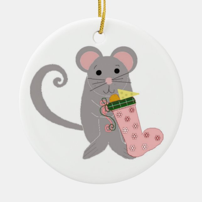 Pink Holiday Mouse Ceramic Ornament (Front)