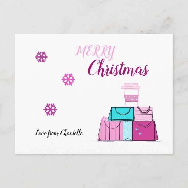 Pink Holiday Shopping Bags Postcard (Front)