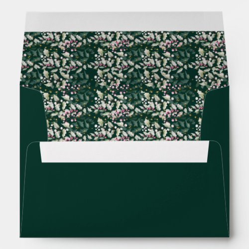 Pink Holly Berries and Foliage on Dark Green Envelope