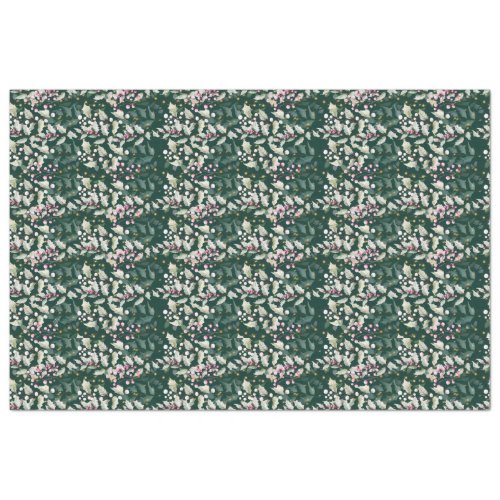 Pink Holly Berries and Foliage on Dark Green Tissue Paper