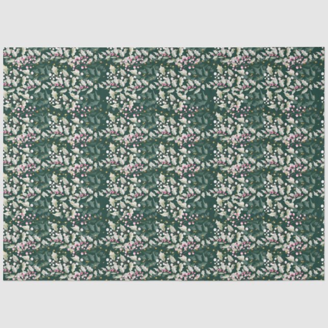 Pink Holly Berries and Foliage on Dark Green Tissue Paper (Front)