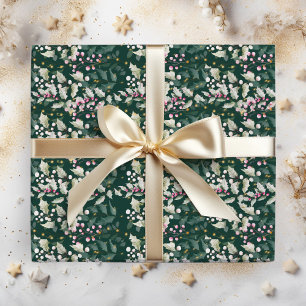 Pink Holly Berries and Foliage on Dark Green Wrapping Paper