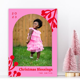 Pink Holly Berries Christmas Photo Arch Holiday Card