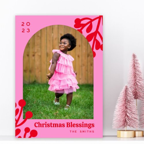 Pink Holly Berries Christmas Photo Arch Holiday Card