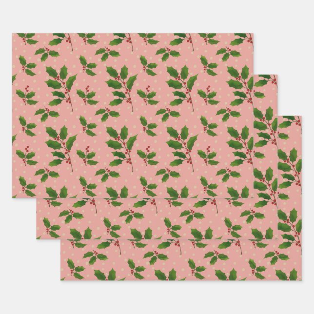Pink Holly gift wrap 3 pack (Set)