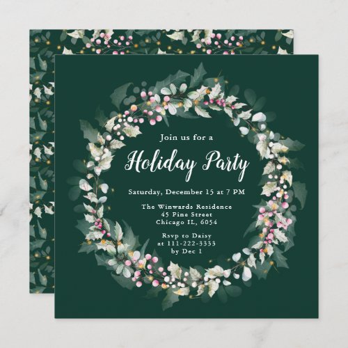 Pink Holly Wreath Holiday Party Invitation
