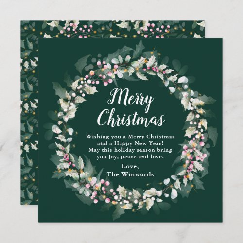Pink Holly Wreath Merry Christmas Holiday Card