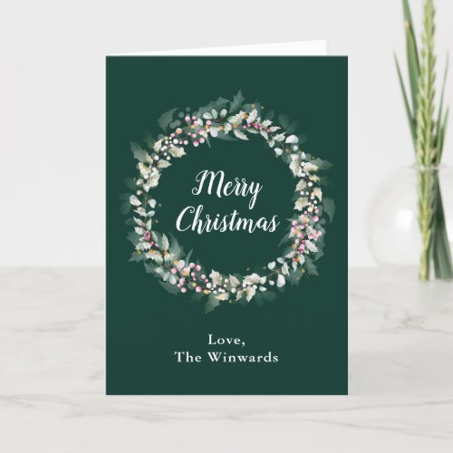 Pink Holly Wreath Merry Christmas Holiday Card