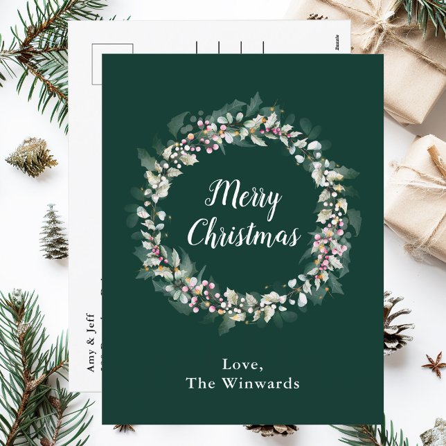 Pink Holly Wreath Merry Christmas Holiday Postcard (Creator Uploaded)