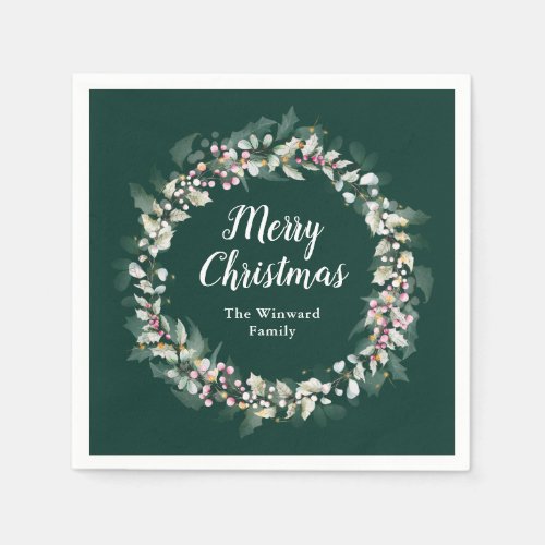 Pink Holly Wreath Merry Christmas Napkins