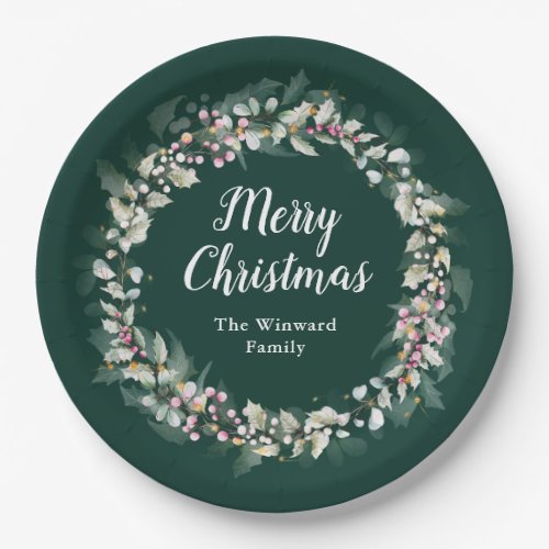 Pink Holly Wreath Merry Christmas Paper Plates