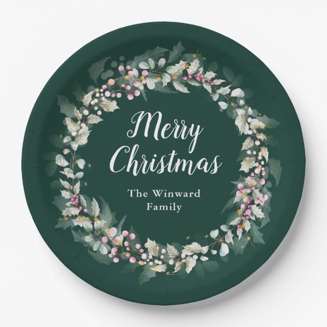 Pink Holly Wreath Merry Christmas Paper Plates (Front)