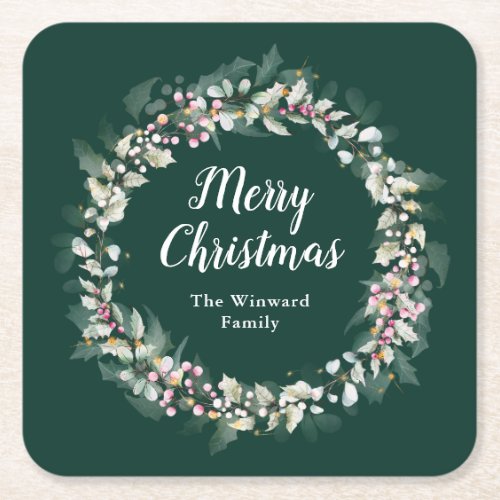 Pink Holly Wreath Merry Christmas Square Paper Coaster