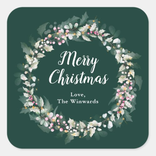 Pink Holly Wreath Merry Christmas Square Sticker