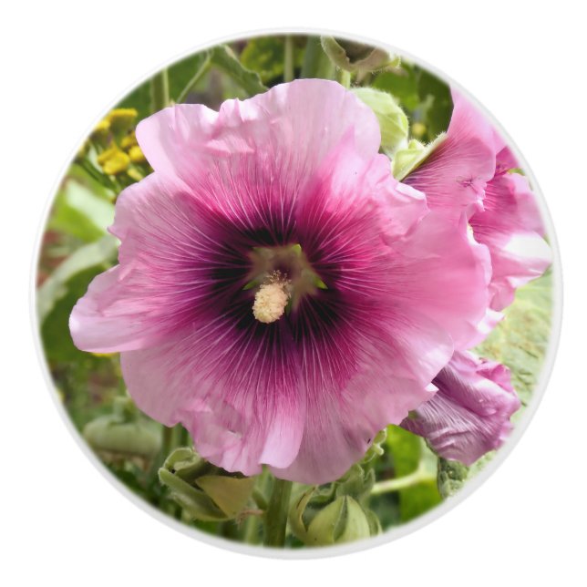 PINK HOLLYHOCK FLOWER CERAMIC KNOB (Front)