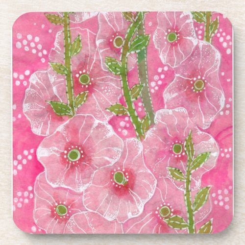 Pink Hollyhock Mallow Malva Flower Floral Painting Beverage Coaster