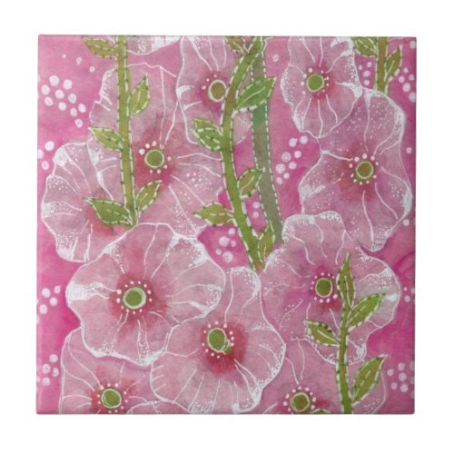 Pink Hollyhock Mallow Malva Flower Floral Painting Ceramic Tile